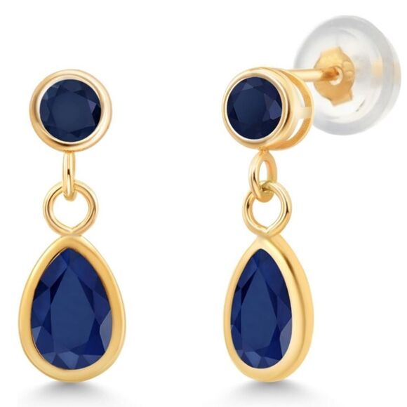 14K Yellow Gold with 1.30 Cttw Navy Blue Sapphire Dangling Post Back Earrings - Picture 2 of 4